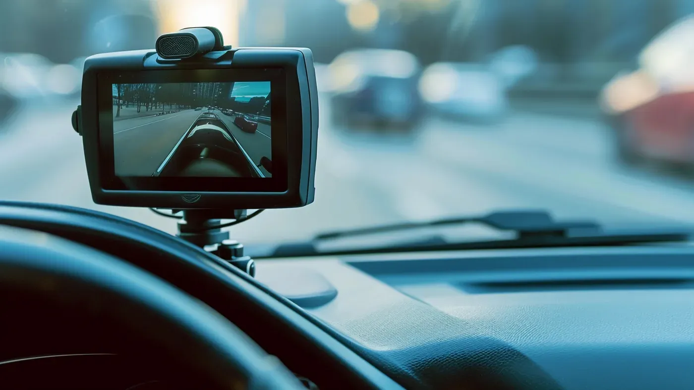 Dashcam monterad vid vindrutan i en bil
