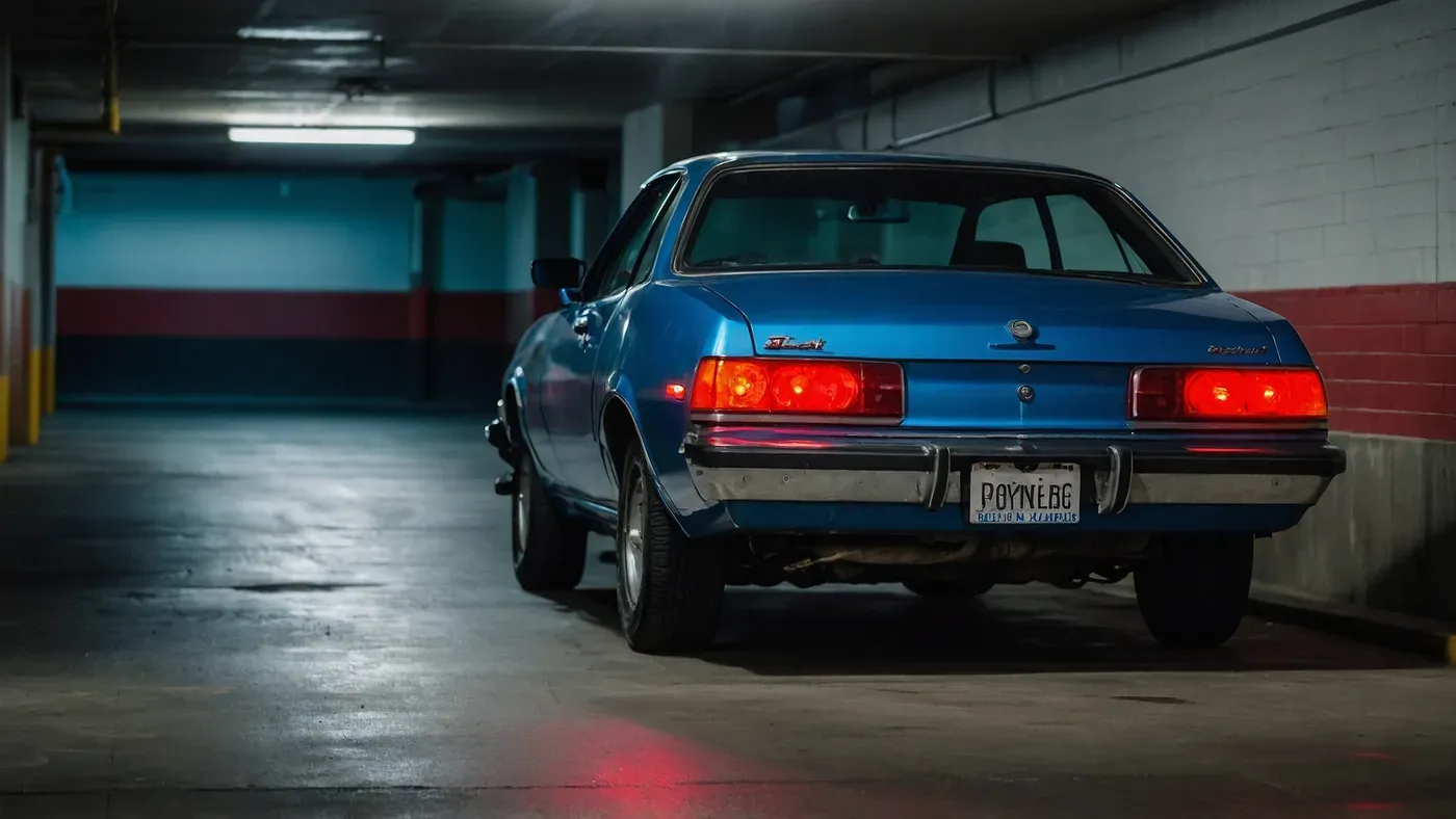 Bil med registreringsskyltar kvar, parkerad i garage under avställning