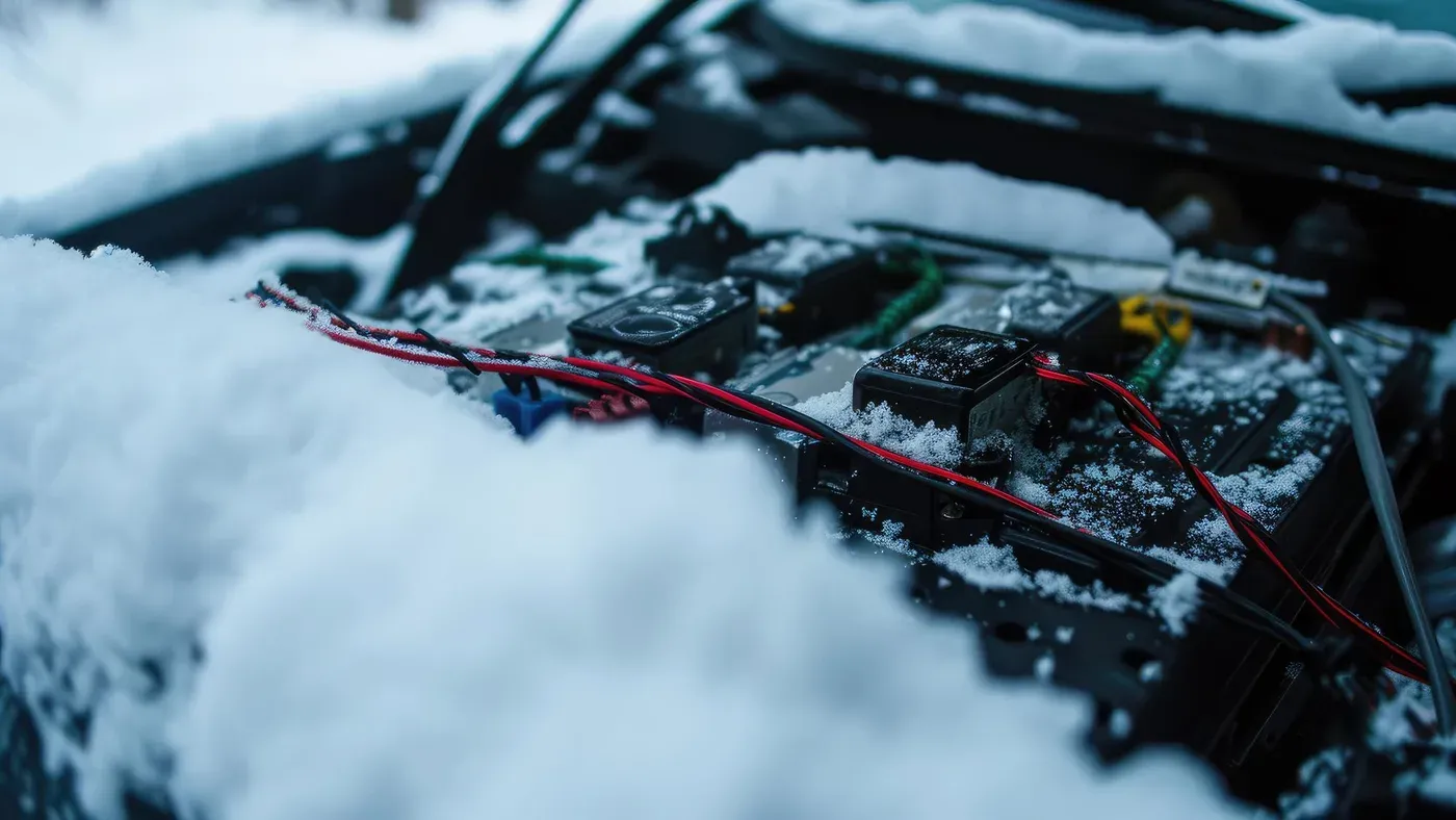 Bilbatteri täckt av snö och frost i motorrummet en vintermorgon