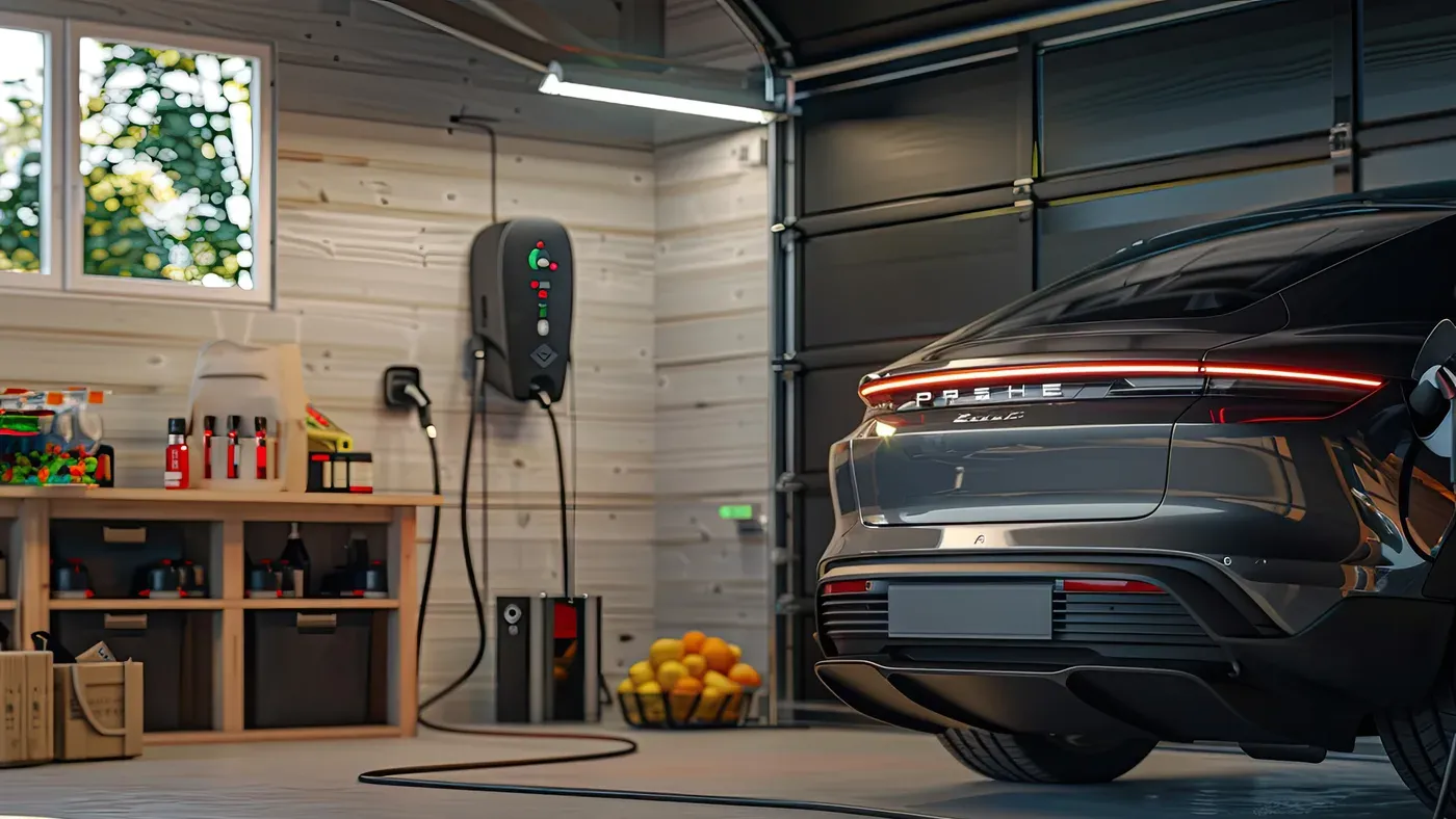 Batteriladdare kopplad till en bil som står avställd i garage