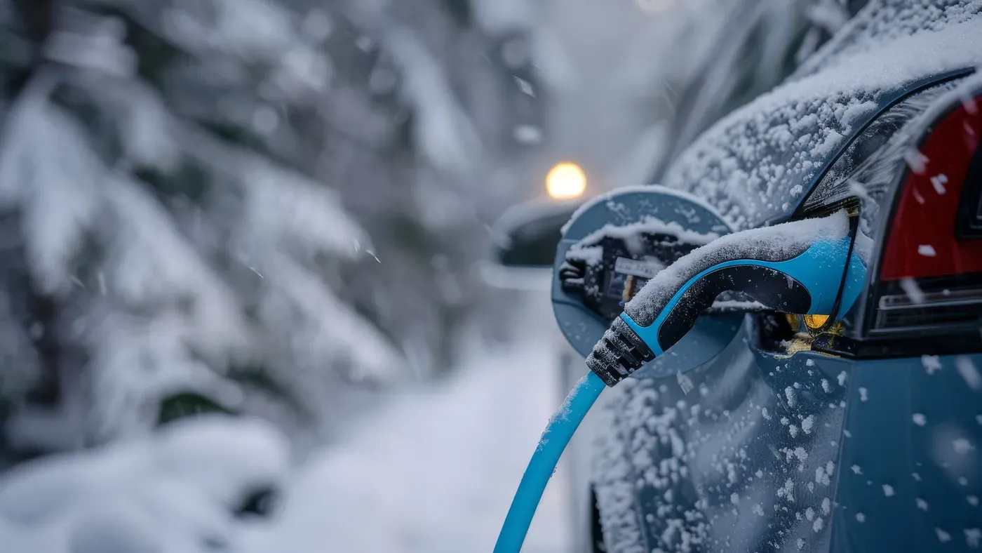 Laddkabel till elbil täckt av snö en vinterkväll